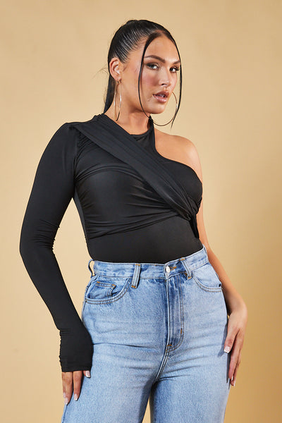Rebellious Fashion one shoulder crop top in black