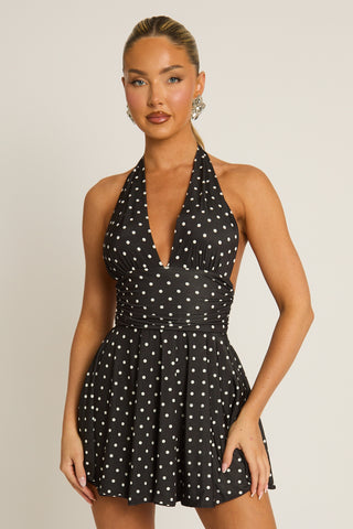 Black Polka Dot Halter Plunge Neck Mini Dress | Dresses