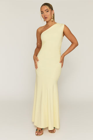 open lace back dress Kiss The Moon One Shoulder Mesh Maxi Dress Lemon