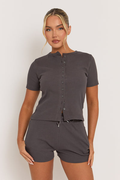 Slate Grey Rib Button Front Top and Short Co-ord Set | Co-ords