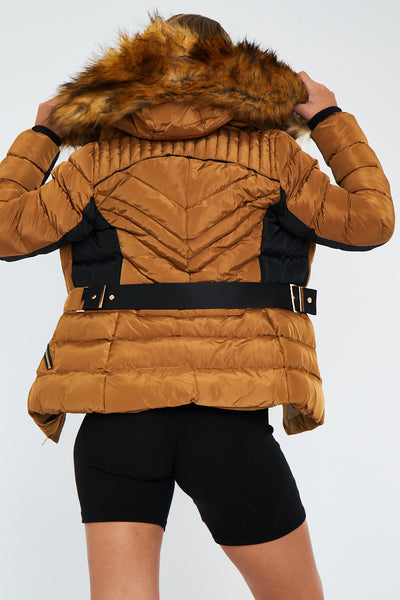 2010117 Camel Fur Lines Hooded Jacket