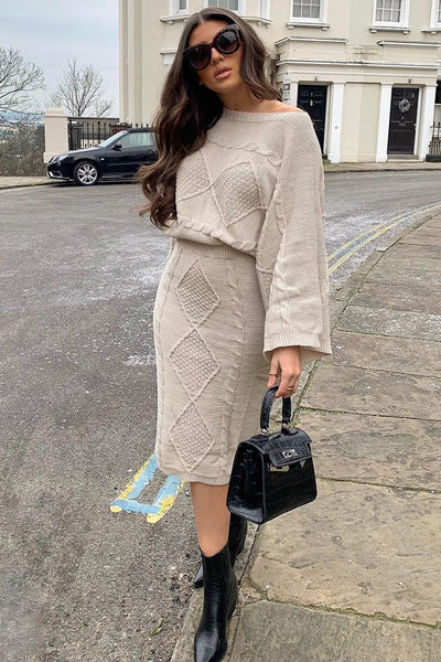 Knitted Midi Skirt And Jumper Beige Cable Knit Jumper Midi Skirt Co