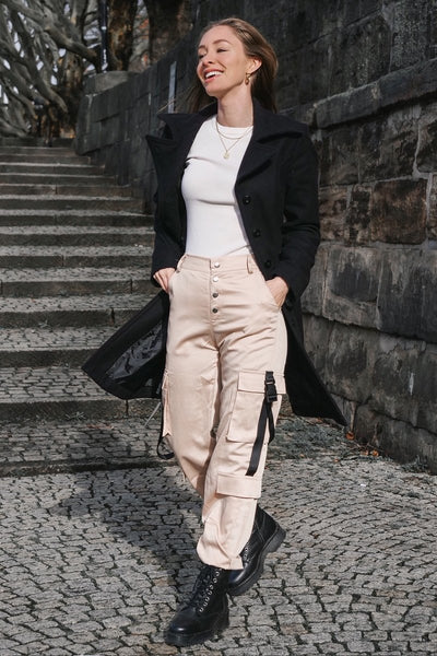 Beige Popper Front Buckle Detail Cargo Trousers Gabriella