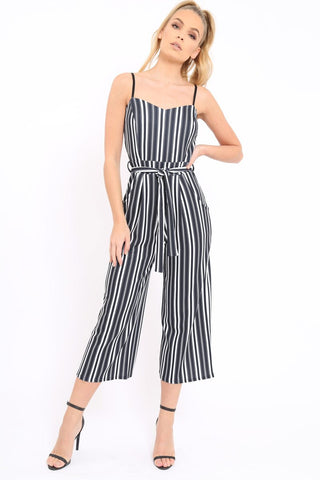 Black and white cheap striped culotte jumpsuit