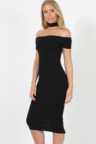 Black Choker Bardot Bodycon Dress