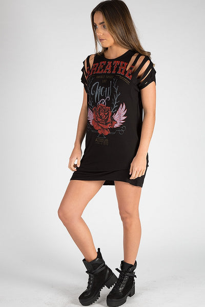 Black Distressed Breathe Graphic T Shirt Dress Madeline - Main Image