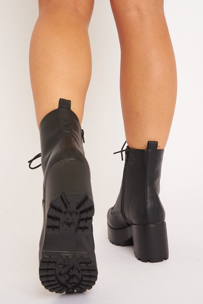 Lace Up Black Faux Leather Sock Boots Faux Suede Tie Back Block