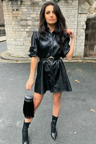 black leather puff sleeve dress Faux Shirt Womens dresses