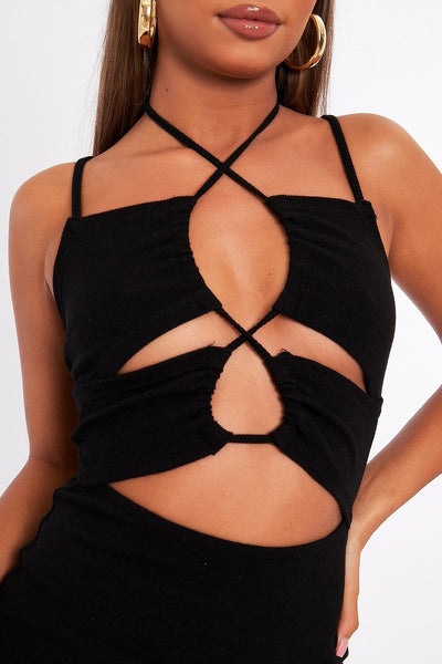 Black Front Cut Out Ribbed Mini Dress