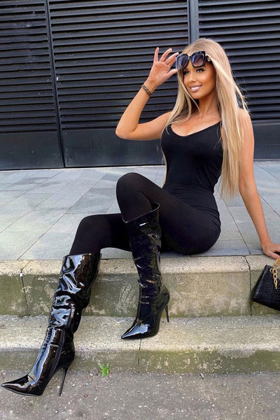 Black Jumpsuit With Knee High Boots Black Slinky Sleeveless Scoop