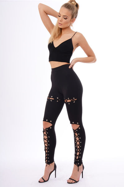 Black Front Lace Up Leggings - Buy Fashion Wholesale in The UK
