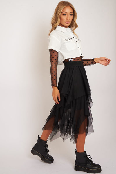 Black layered tulle shop midi skirt - laveta