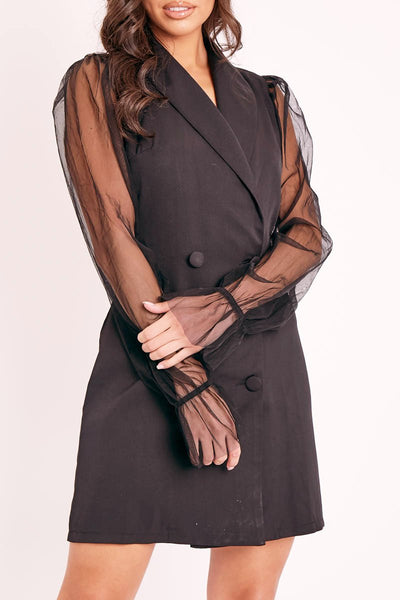 mesh sleeve blazer dress Hook And Eye Long Sleeve Crepe Collar, Miranda Mesh Blazer Mini Dress in Black, Size L, For Office