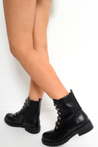 Black PU Chain Detail Biker Boots Fischer