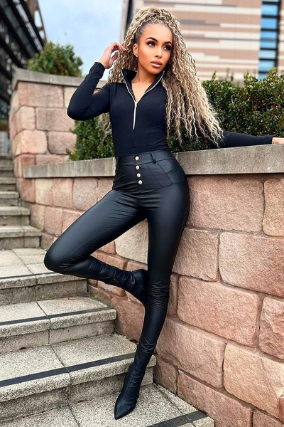 Black PU Leather Button Detail Leggings, Leather Leggings