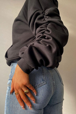 Black ruched best sale sleeve hoodie