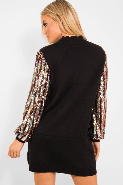 jumper dress with sequin sleeves Tease Factor Black Sequin Sleeve Knitted Jumper Dress