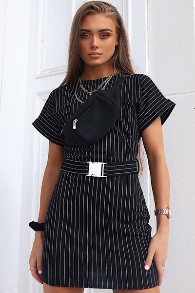 Black White Stripe Belted T-shirt Dress
