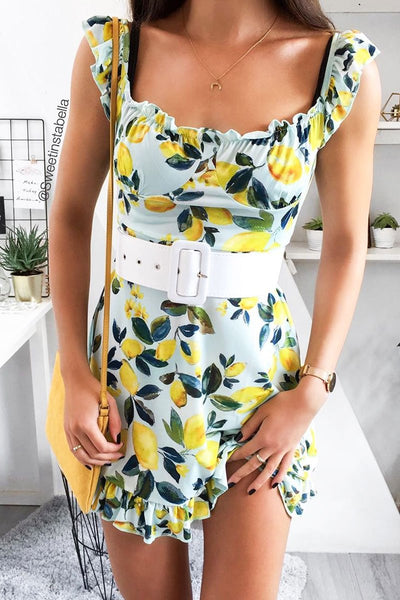 Blue Lemon Print Ruffle Summer Dress