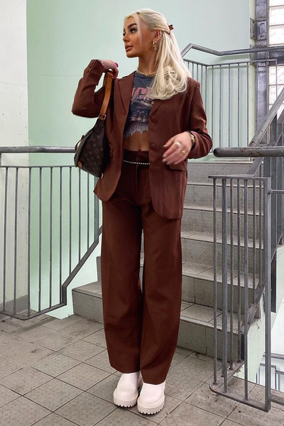 brown pants and blazer