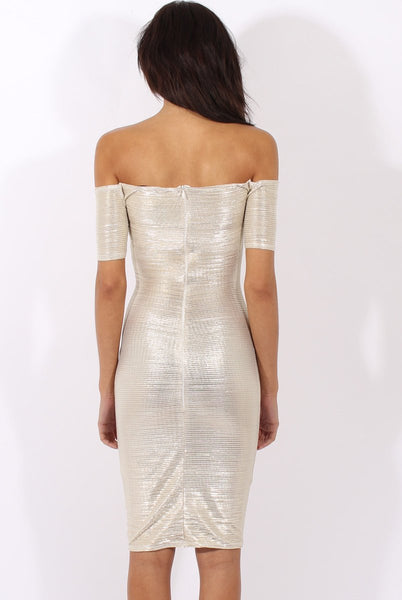 Champagne Metallic Pleated Bardot V Front Midi Dress