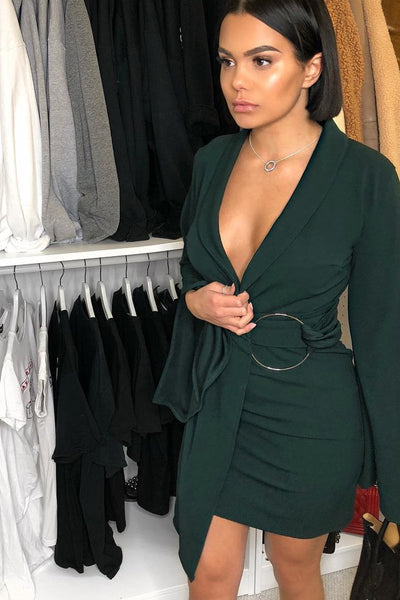 emerald green oversized ring detail blazer dress Satin Emerald Green Oversized Ring Detail Blazer Dress Worth Waiting For  Emerald Green Satin Gown Lace Up Back  Dressmezee