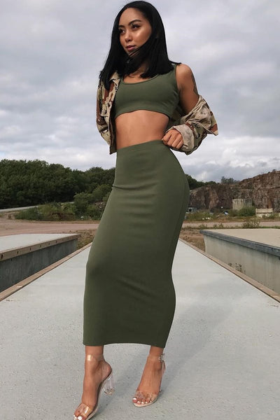 Khaki Bodycon Skirt And Crop Top Co-Ord - Loyola – Rebellious Fashion