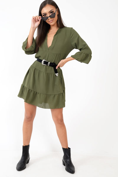 Khaki Tiered Ruffle Shift Dress - Abri  Rebellious Fashion