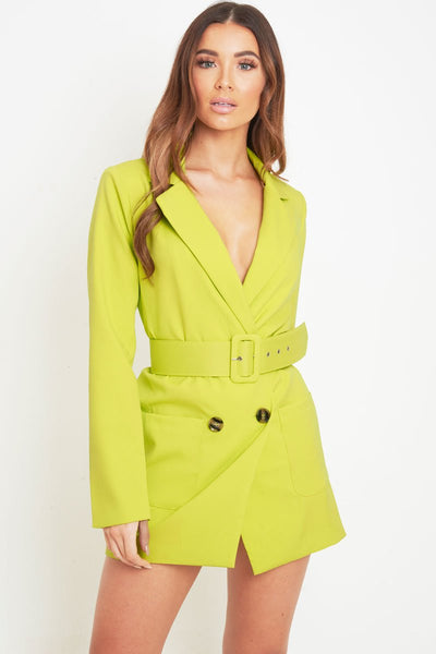 green emerald velvet dress Lime Button Front Belted Blazer Dress