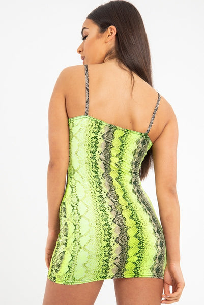 Lime Green Snake Print Strappy Plunge Bodycon Dress - Gilia Rebellious Fashion Lime Green Snake Print Strappy Plunge Bodycon Dress - Gilia Rebellious Fashion