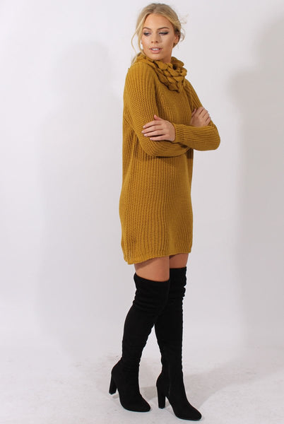 Mustard Chunky Turtleneck Knit Jumper Dress Cloe