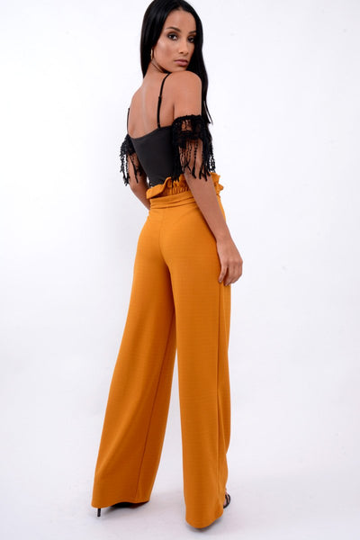 Mustard Paper Bag Tie Waist Wide Leg Trousers Kennedy