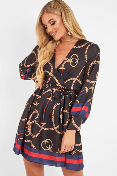 Navy Chain Print Satin Plunge Shirt Dress Cristen