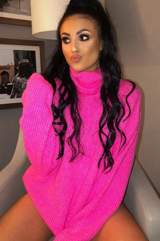 Neon Pink Roll Neck Jumper Dress Freylynn Rebellious Fashion