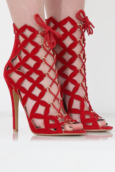 Nikki Red Suede Caged Heels – Rebellious Fashion