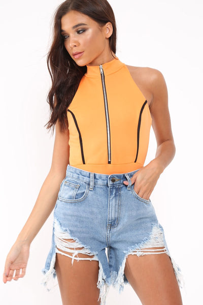 Orange Contrast Zip Front Bodysuit - Odine – Rebellious Fashion