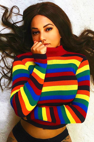 Turtleneck Rainbow Sweater Women Rainbow Striped Turtleneck