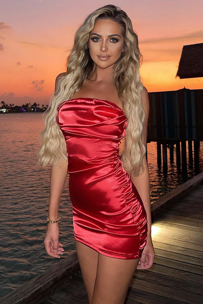 satin ruched mini dress Elegant Ruched Satin Burgundy Bodycon Dress