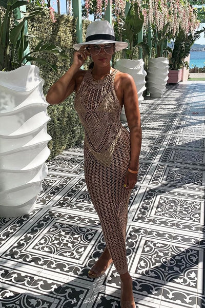 slim fit dress slacks Rose Gold Metallic Mesh Maxi Dress