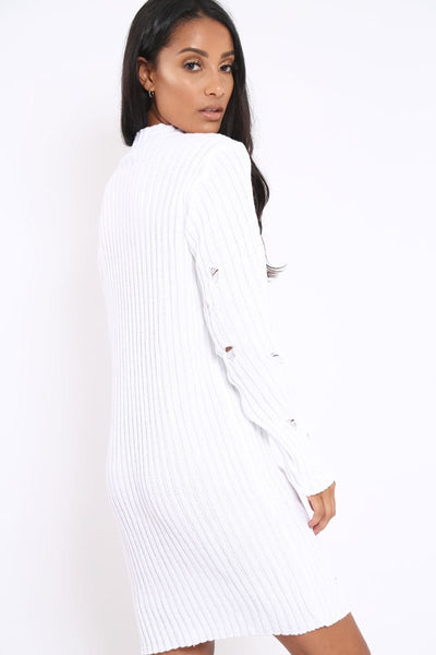 White Knit Distressed Jumper Dress