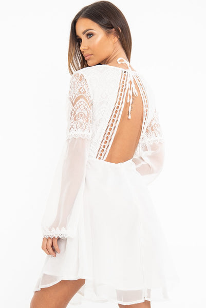 chinese dress ladies White Lace Sheer Detail Plunge Skater Dress chinese dress ladies White Lace Sheer Detail Plunge Skater Dress