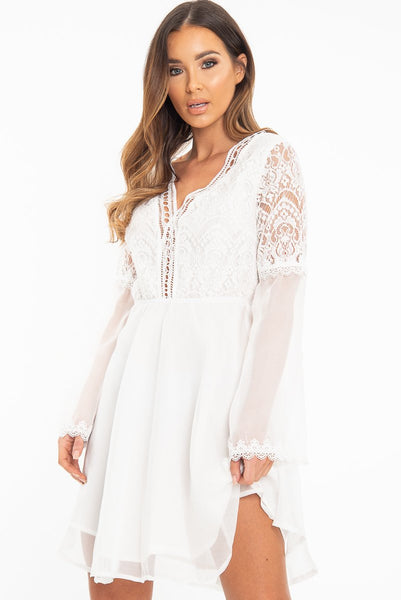chinese dress ladies White Lace Sheer Detail Plunge Skater Dress