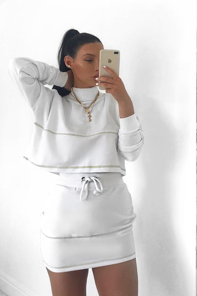 White Lime Contrast Stitch Crop Jumper Skirt Co-ord - Keva