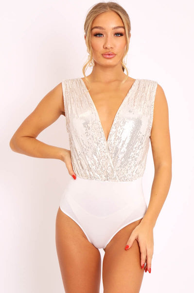 White Sequin Embellished Extreme Plunge Bodysuit Yamila