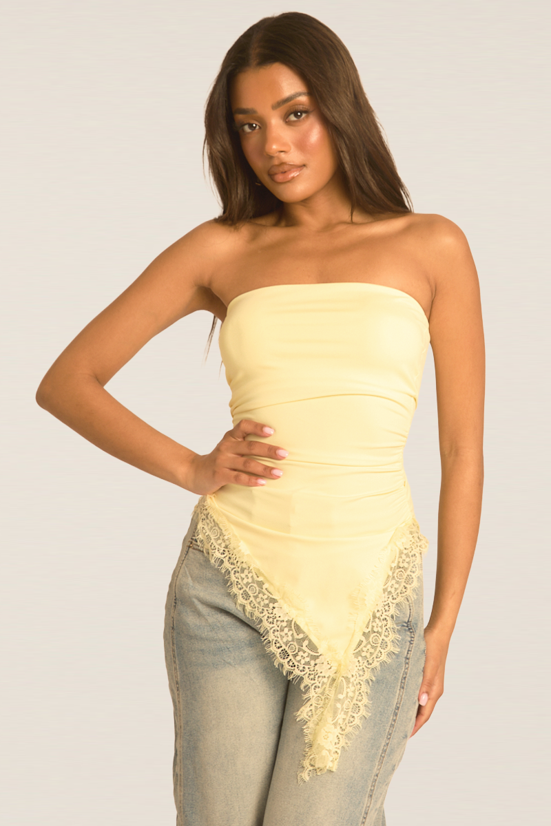 Yellow Asymmetric Lace Trim Bandeau Top - Solara