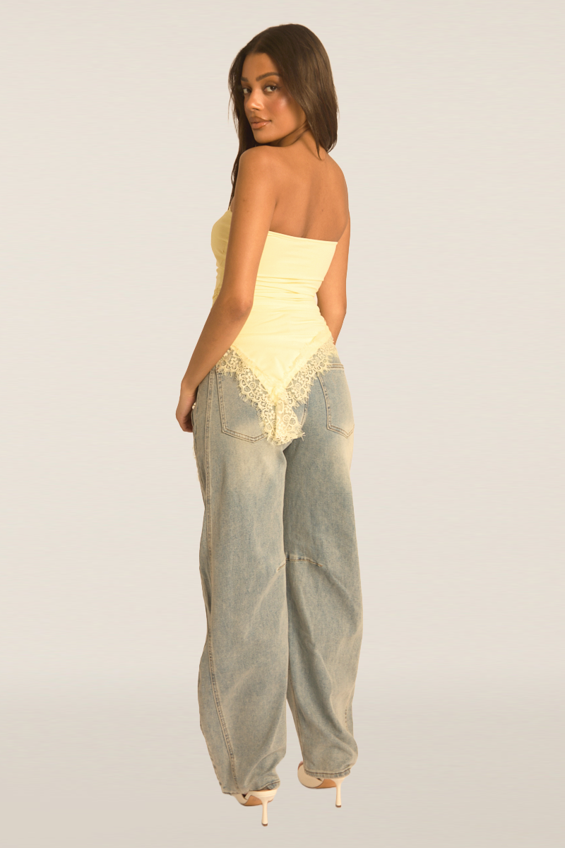Yellow Asymmetric Lace Trim Bandeau Top - Solara