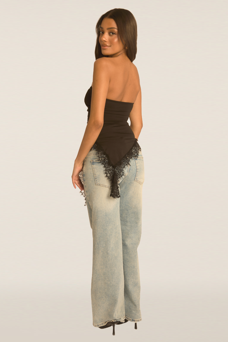 Black Asymmetric Lace Trim Bandeau Top - Solara