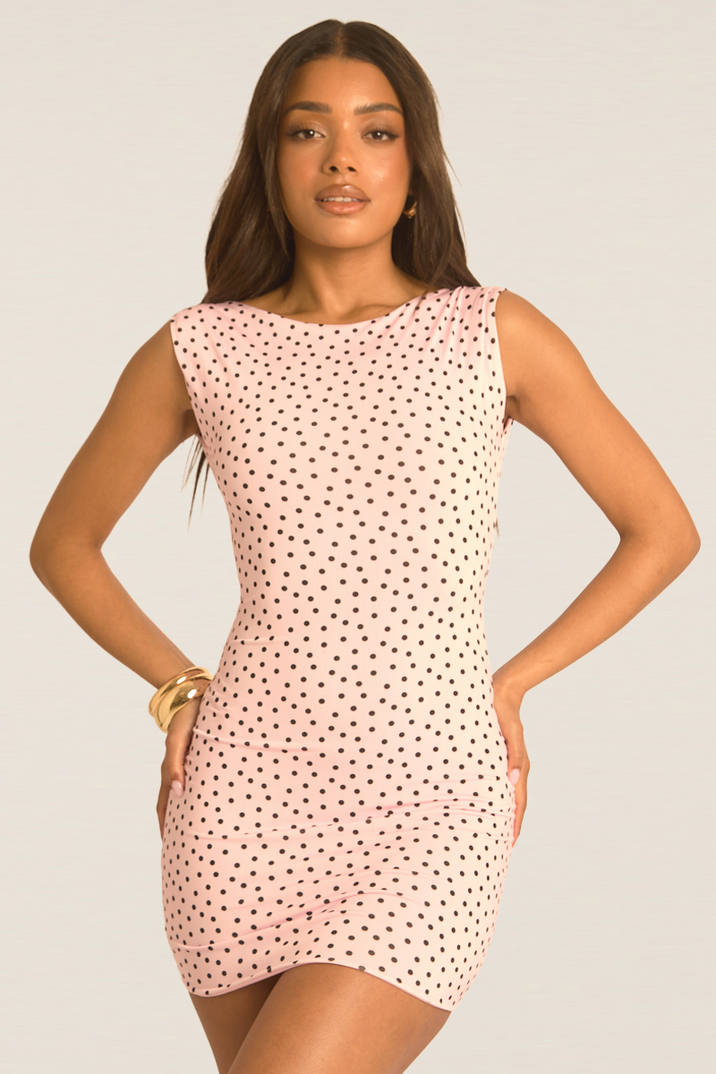 Pink Polka Dot Boat Neck Backless Bodycon Mini Dress - Jadey