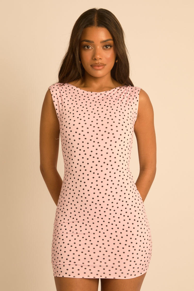 Pink Polka Dot Boat Neck Backless Bodycon Mini Dress - Jadey