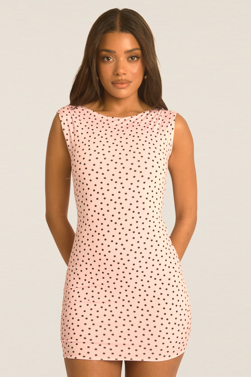 Pink Polka Dot Boat Neck Backless Bodycon Mini Dress - Jadey